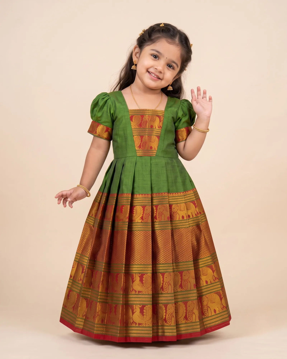 Green Kalyani Cotton Pattu Gown for Girls - Soft Pongal Festive Wear PG751 for kids festival wear