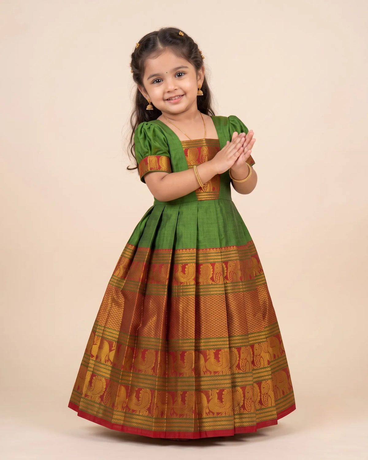 Green Kalyani Cotton Pattu Gown for Girls - Soft Pongal Festive Wear PG751 for kids festival wear