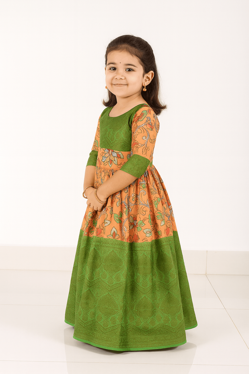 Green Orange Kalamkari Design Gown PG319 - Prince N Princess