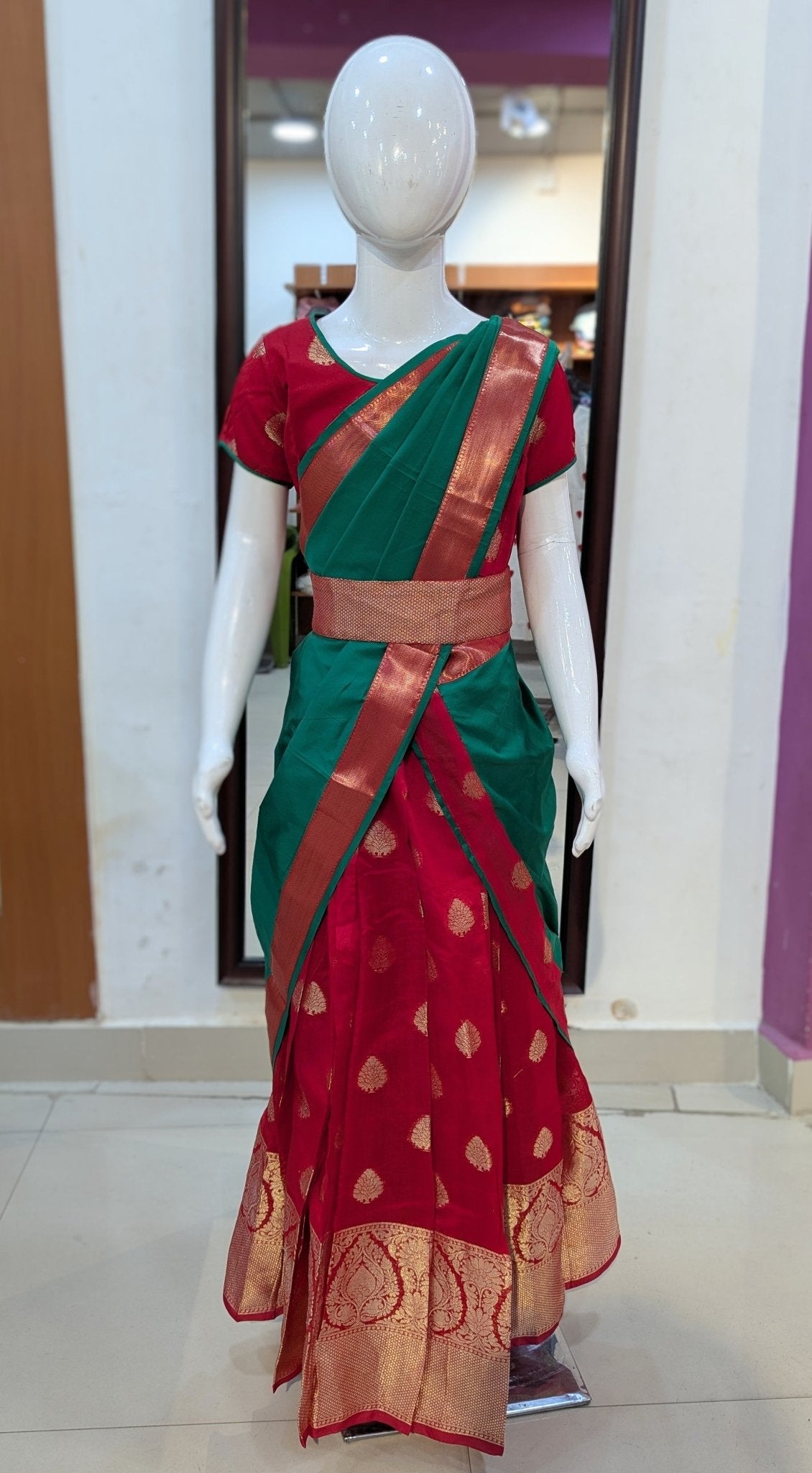 Green Red Half Saree or Dhavani for Little Princess HF040 - Prince N Princess