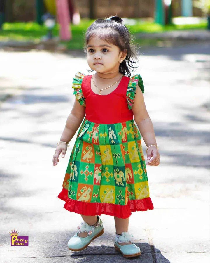 girls banarasi silk gown red green pleated sleeve naming ceremony dress princenprincess