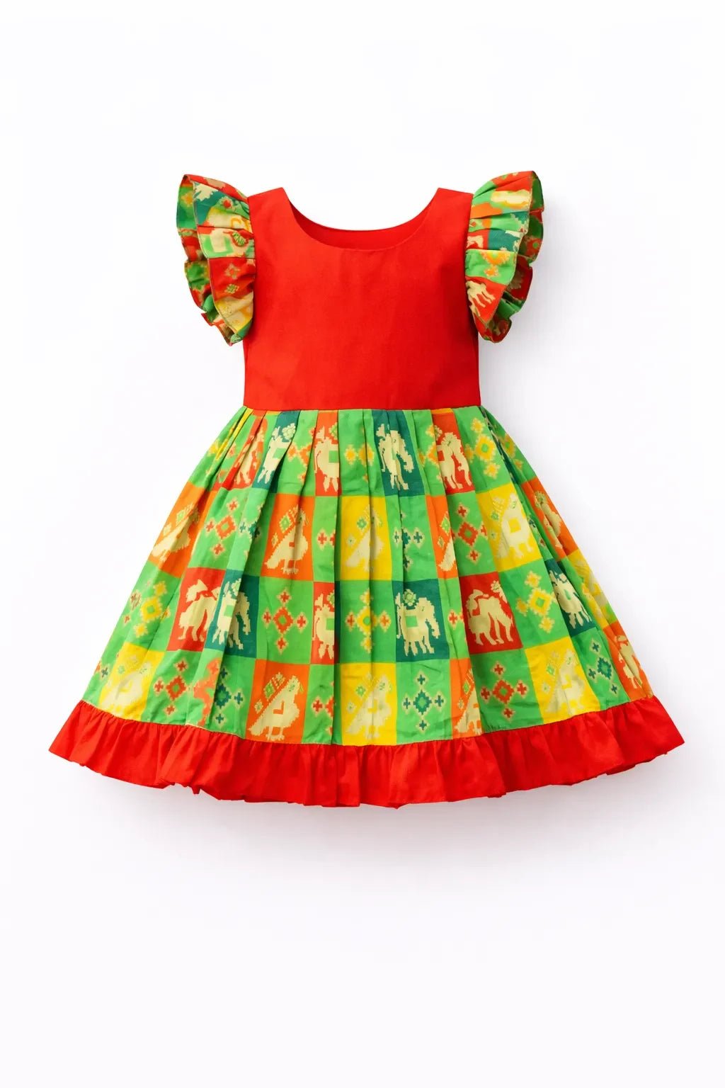 girls banarasi silk gown red green pleated sleeve naming ceremony dress princenprincess