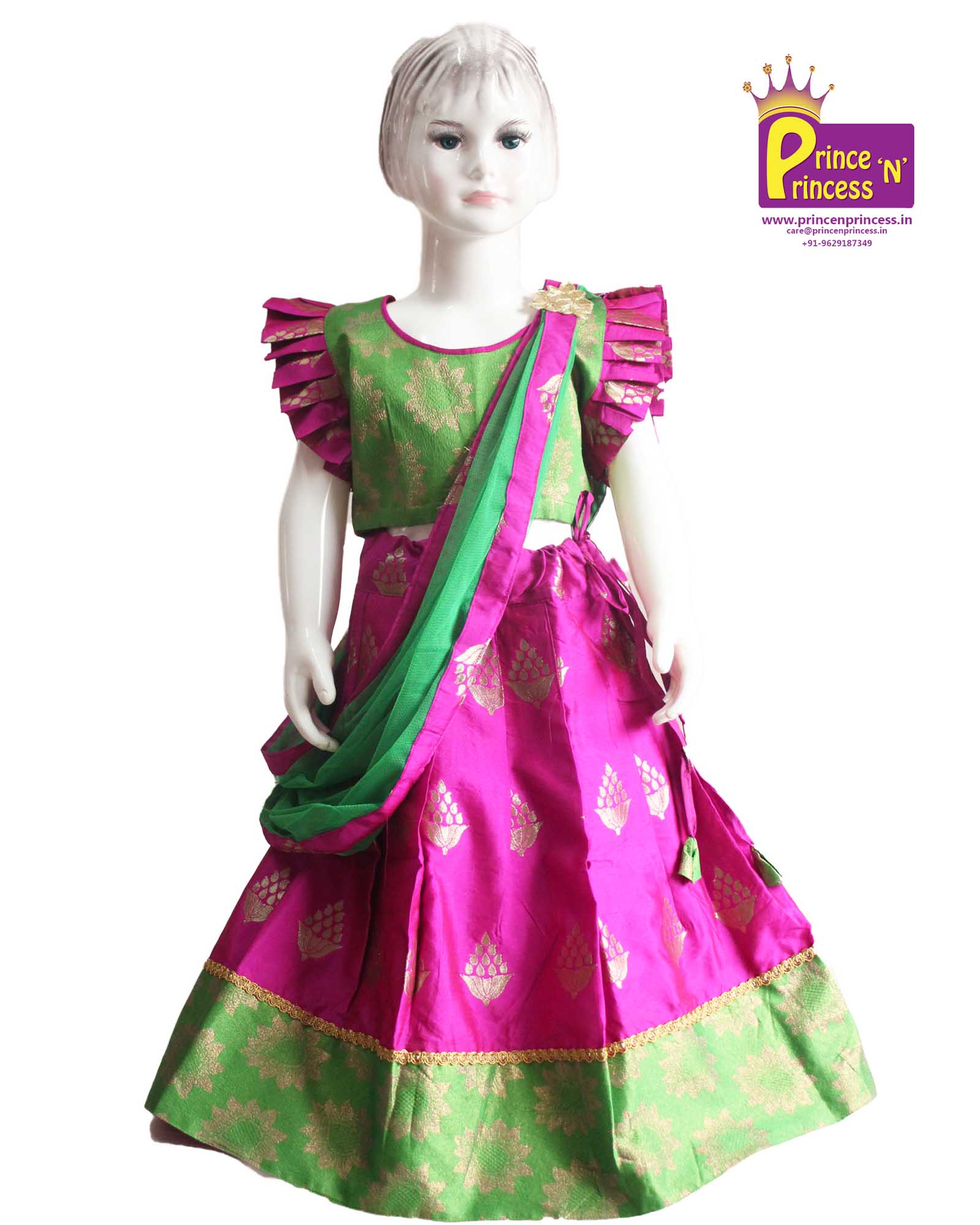 Green with Megenta Traditional Half saree for Little Princess HF001 for kids festival wear