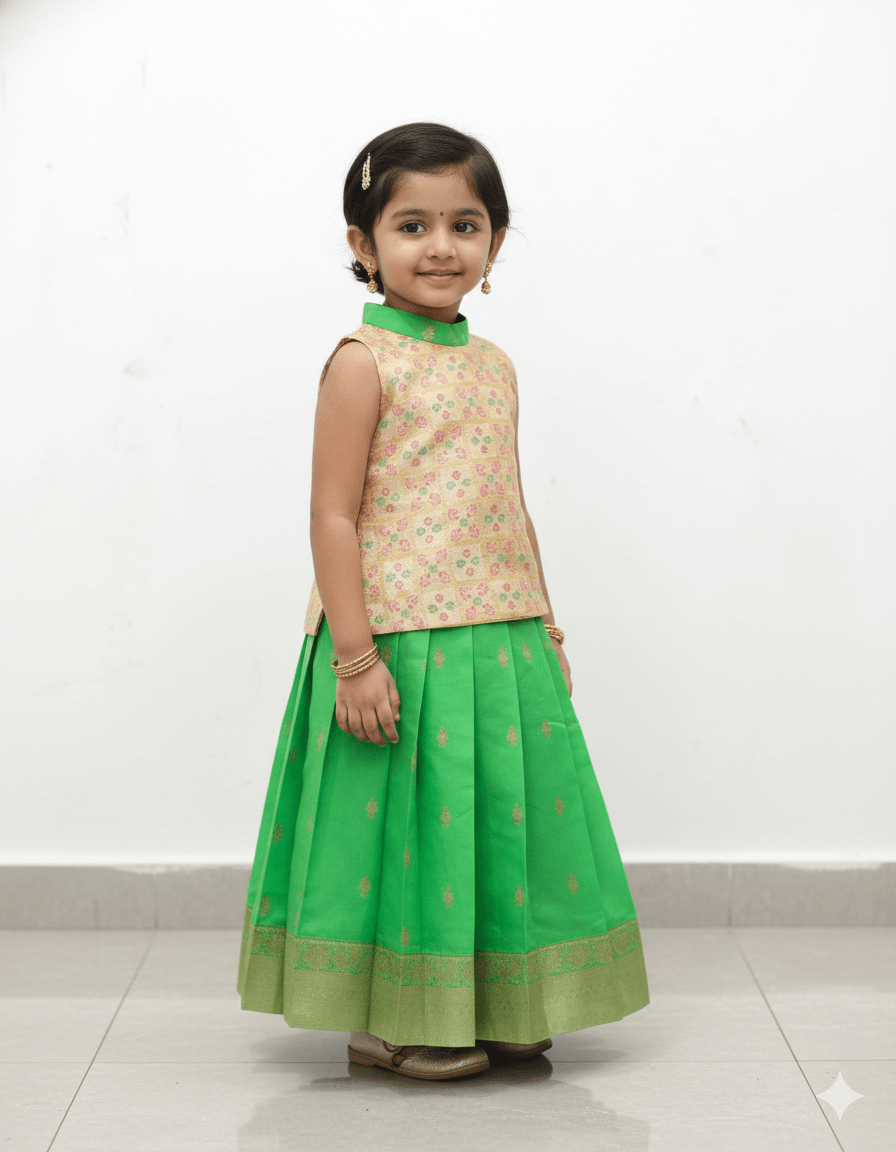 Half white with Green Halter neck Traditional Pattu Pavadai PPP1679 - Prince N Princess