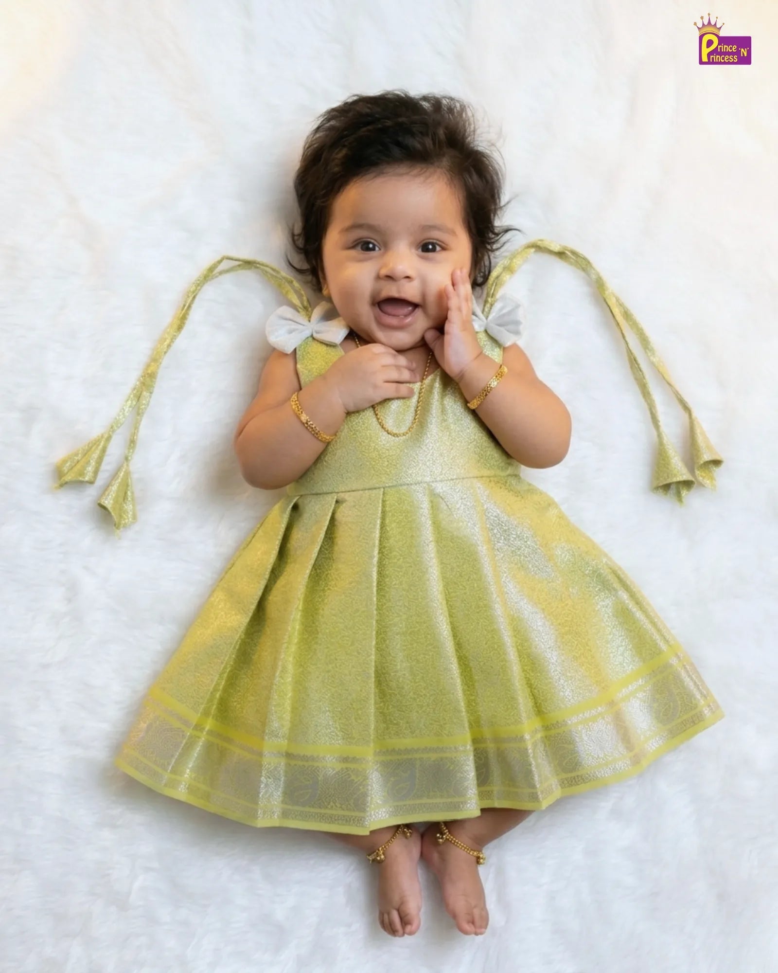 Kanjivaram Pattu Frock for Baby Girl - Lemon Green | Glitter Silk LF1981 for kids festival wear