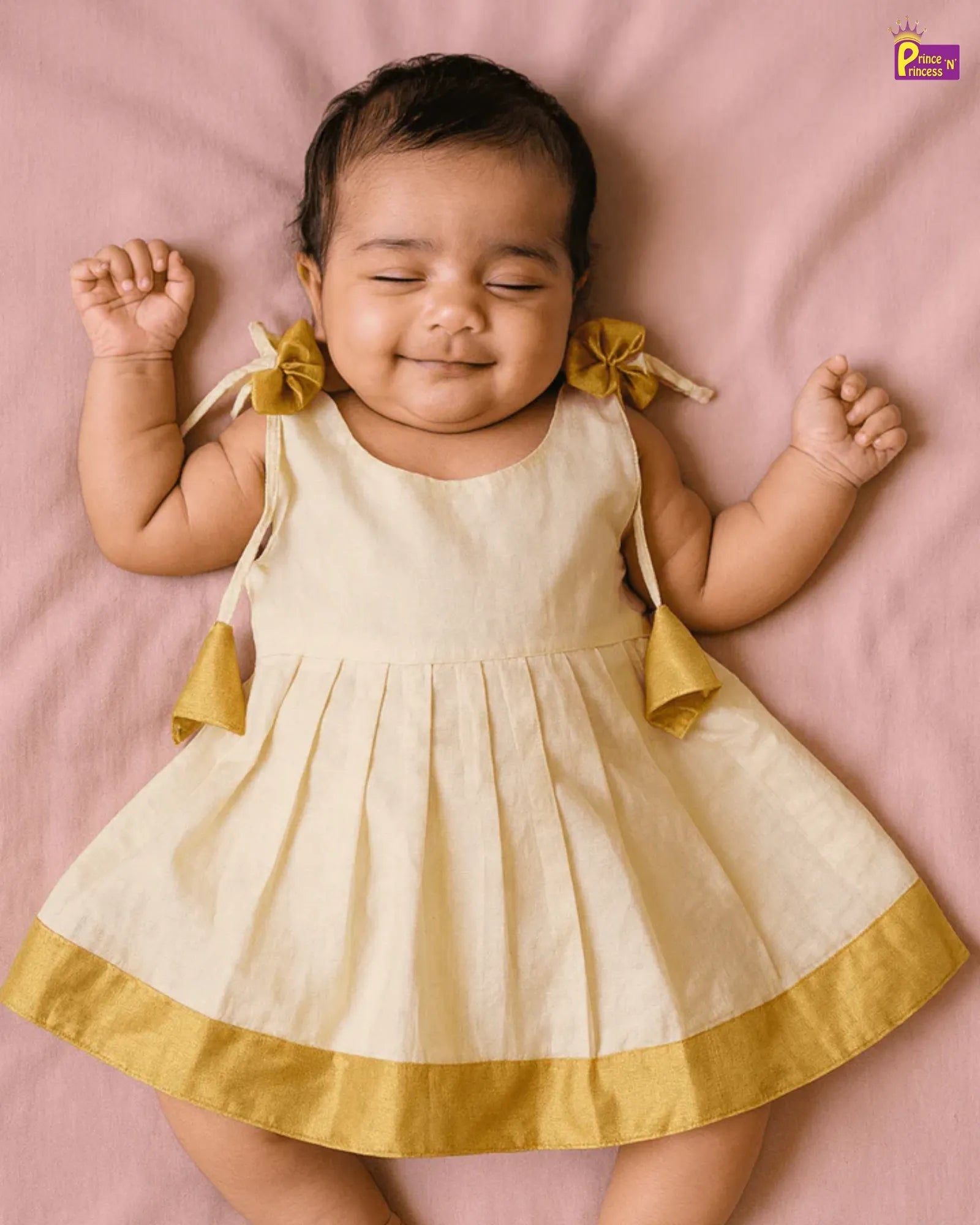 Kerala Kasavu Newborn Lakshana Frock Halfwhite | Onam Vishu Baby Dress LF761 for kids festival wear