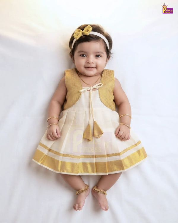 Kerala Kasavu Onam Frock for Baby Girl | Cream Gold Newborn Onam Dress LF2032