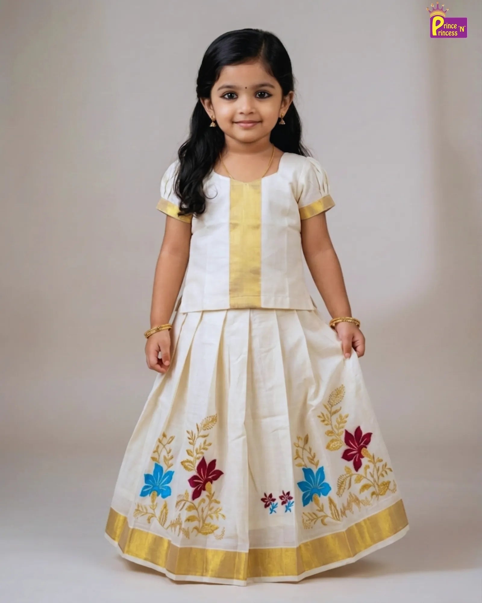 Kerala Kasavu Pattu Pavadai Embroidery Skirt | Festival Girls Dress PPP1550 for kids festival wear