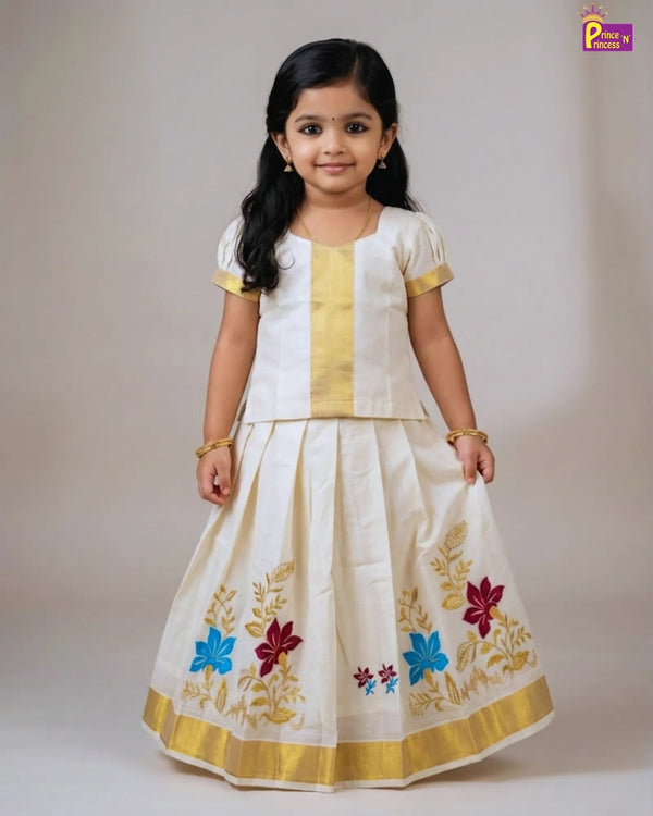 Kerala Kasavu Pattu Pavadai Embroidery Skirt | Festival Girls Dress PPP1550