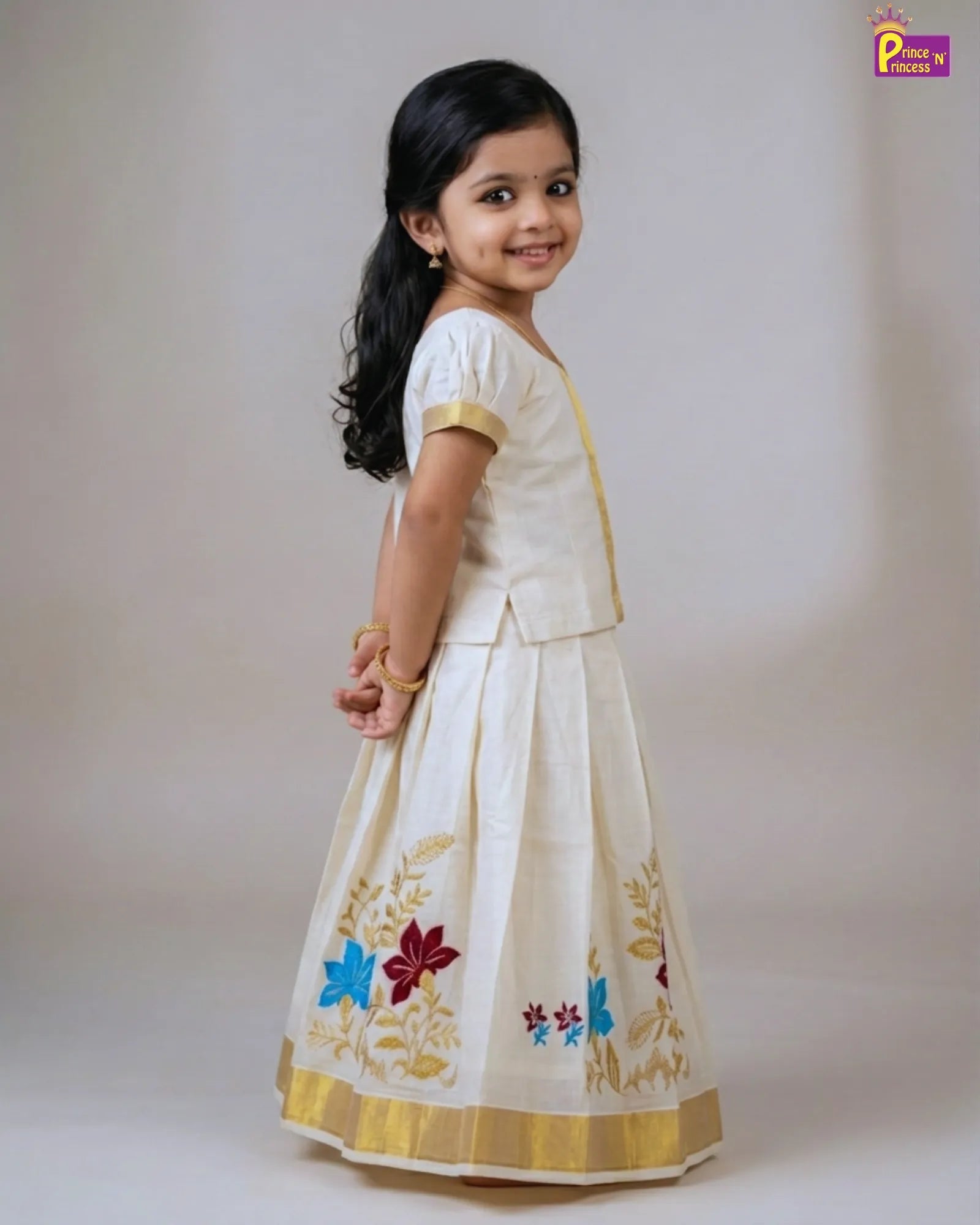 Kerala Kasavu Pattu Pavadai Embroidery Skirt | Festival Girls Dress PPP1550 for kids festival wear