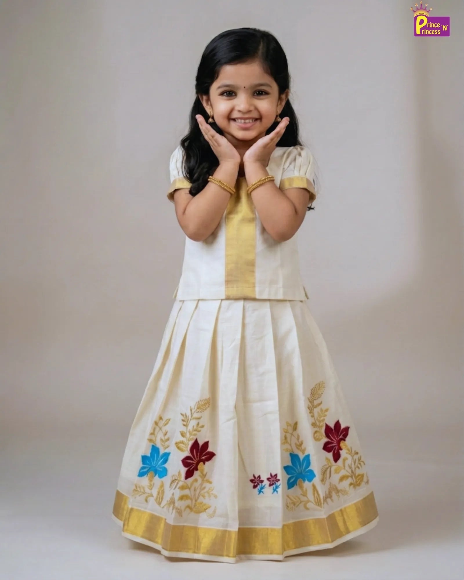 Kerala Kasavu Pattu Pavadai Embroidery Skirt | Festival Girls Dress PPP1550 for kids festival wear