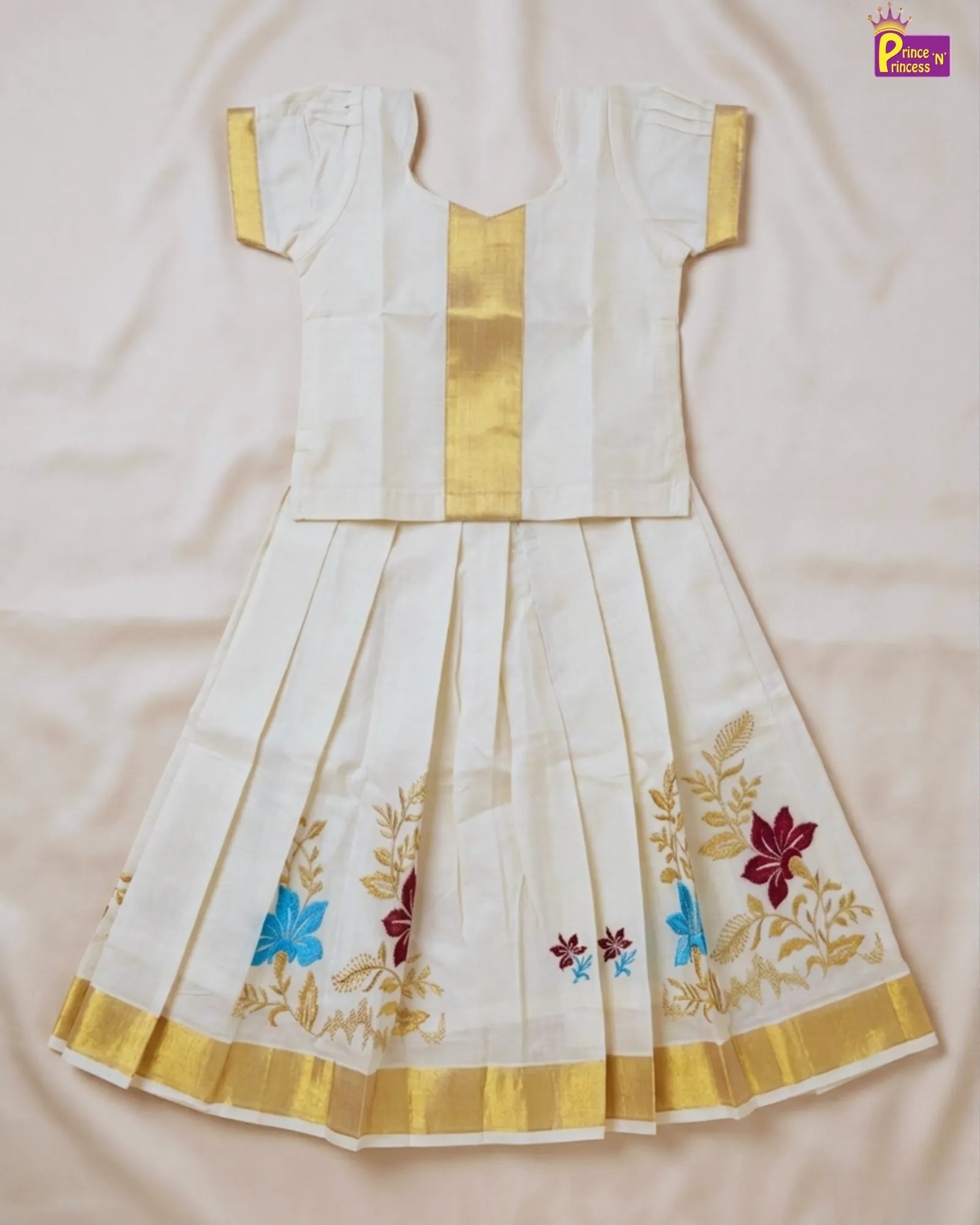 Kerala Kasavu Pattu Pavadai Embroidery Skirt | Festival Girls Dress PPP1550 for kids festival wear