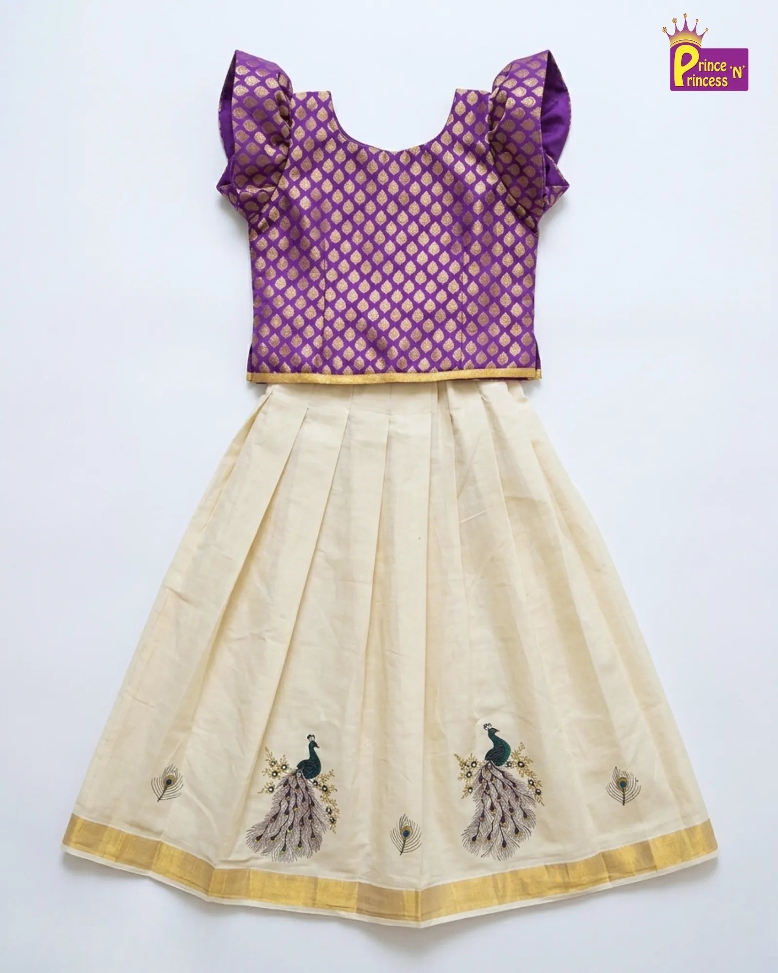 Kerala Kasavu Pattu Pavadai for Girls - Violet and Half White Vishu Traditional Dress PPP1546 - Prince N Princess