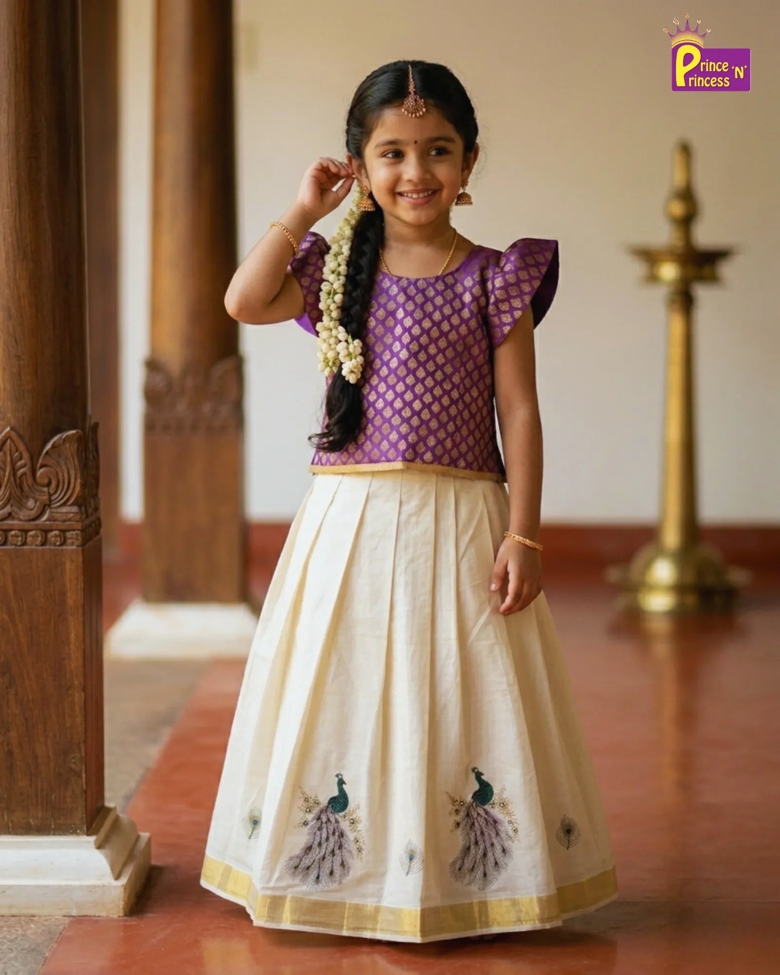 Kerala Kasavu Pattu Pavadai for Girls - Violet and Half White Vishu Traditional Dress PPP1546 - Prince N Princess