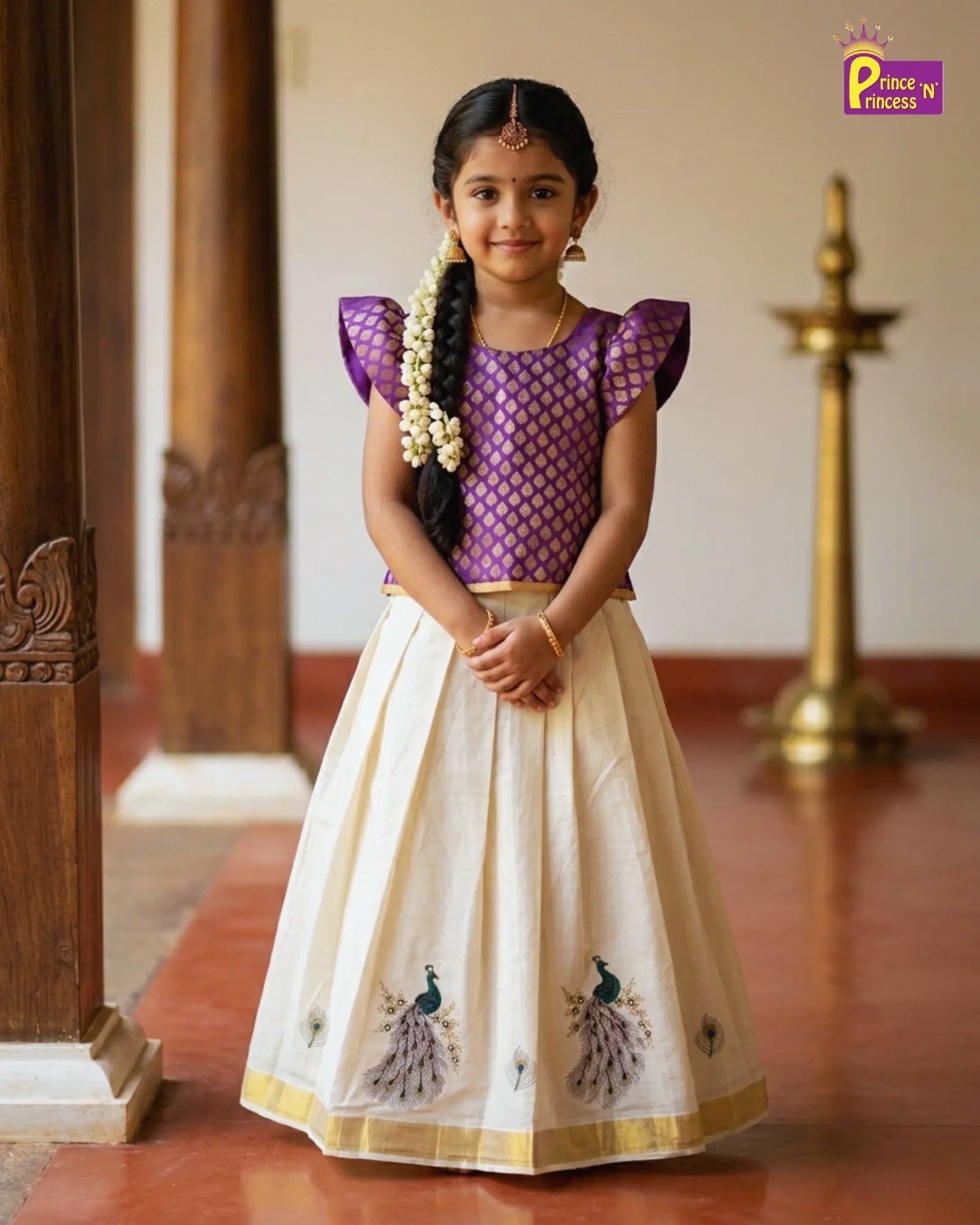 Kerala Kasavu Pattu Pavadai for Girls - Violet and Half White Vishu Traditional Dress PPP1546 - Prince N Princess