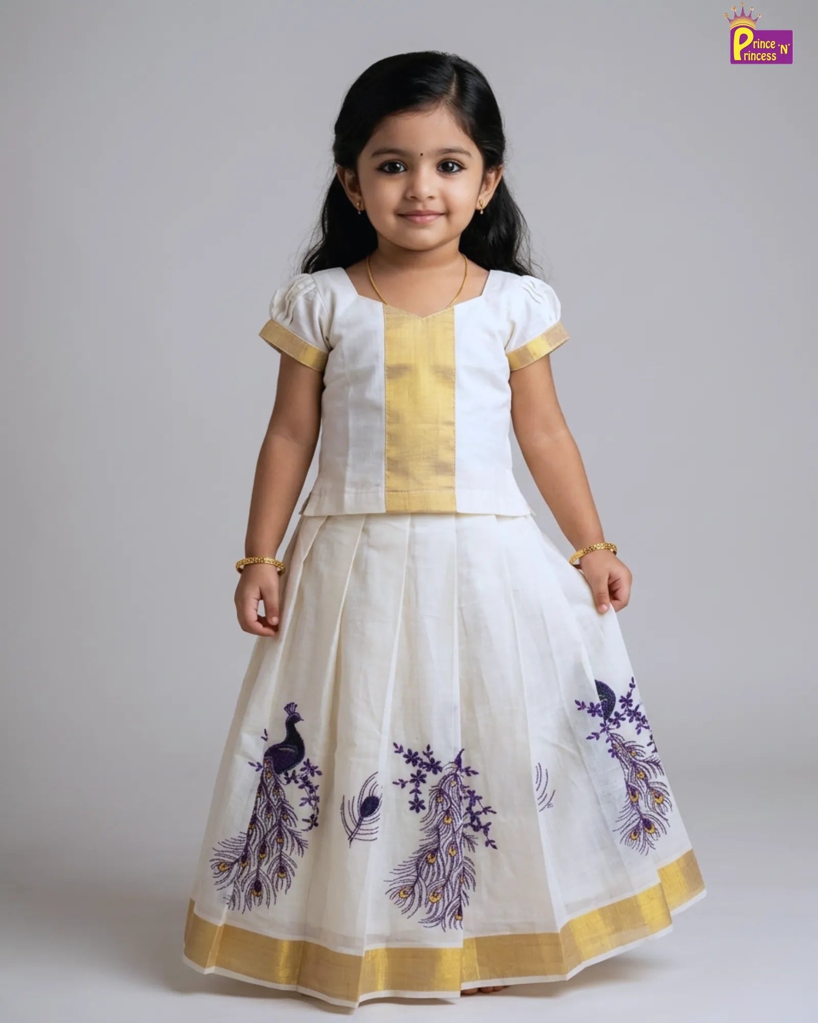 Kerala Kasavu Pattu Pavadai Peacock Printed Skirt | Festival Girls Dress PPP1561 for kids festival wear