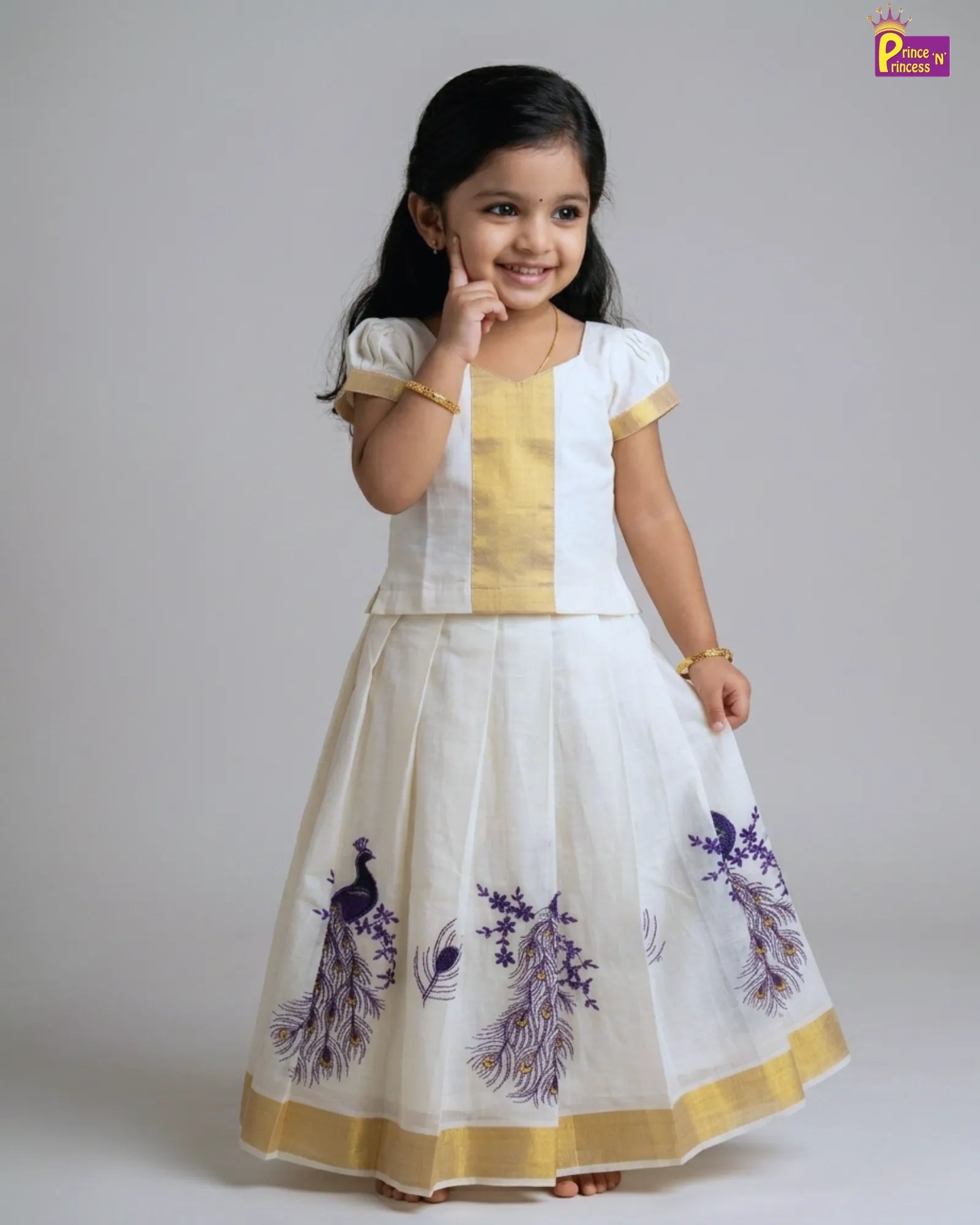 Kerala Kasavu Pattu Pavadai Peacock Printed Skirt | Festival Girls Dress PPP1561 for kids festival wear