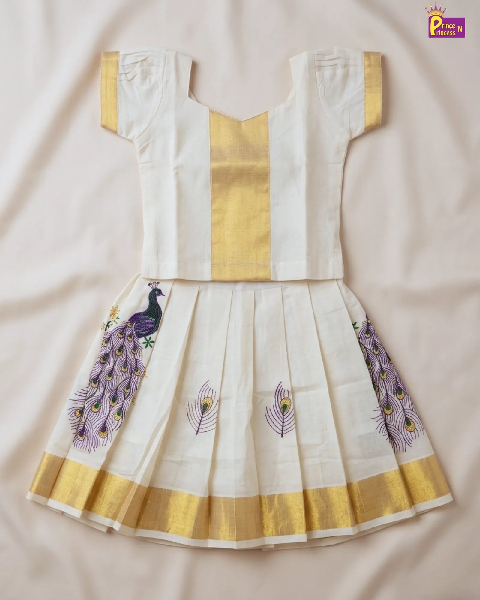 Kerala Kasavu Pattu Pavadai Peacock Printed Skirt | Festival Girls Dress PPP1561 for kids festival wear