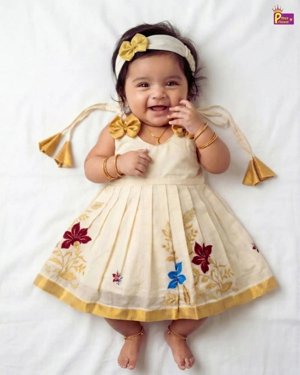 Kerala Traditional Flower embroidery Pattu Frock + Hairband LF609