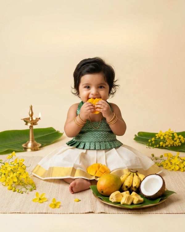 Kerala Pattu Frock for Baby Girls Green Kasavu Traditional Dress LF1904(Dispatch in 2–4 Days)