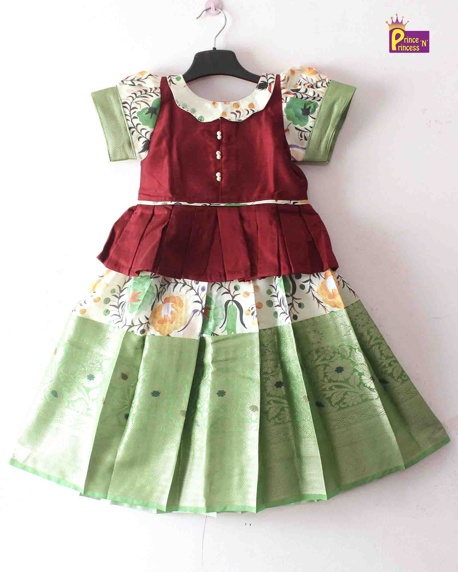 Kid Maroon And Green Traditional Pattu Pavadai PPP1378 - Prince N Princess