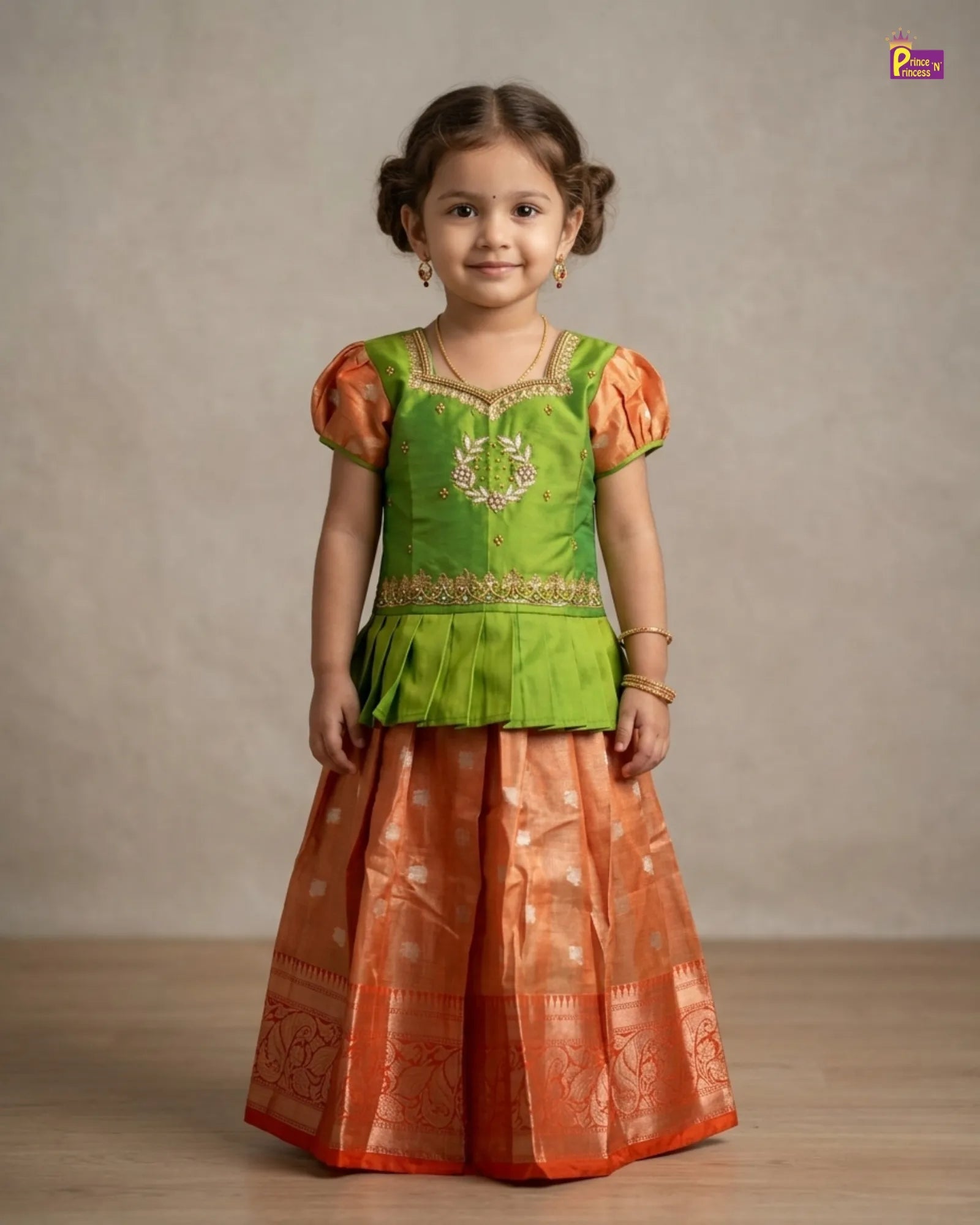 Kids AARI Work Tissue Designer Pattu Pavadai in Green with Orange PPP1319 for kids festival wear