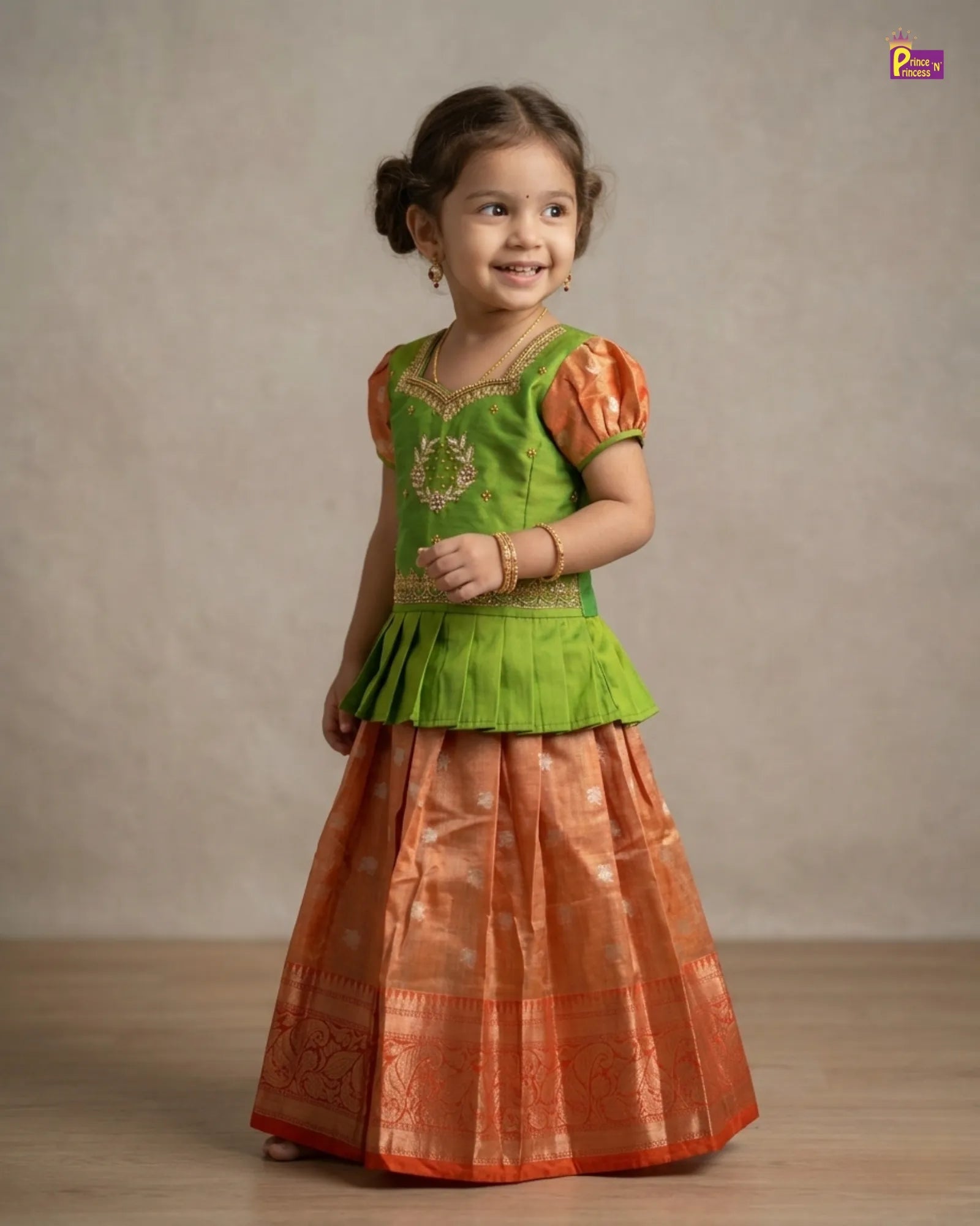 Kids AARI Work Tissue Designer Pattu Pavadai in Green with Orange PPP1319 for kids festival wear