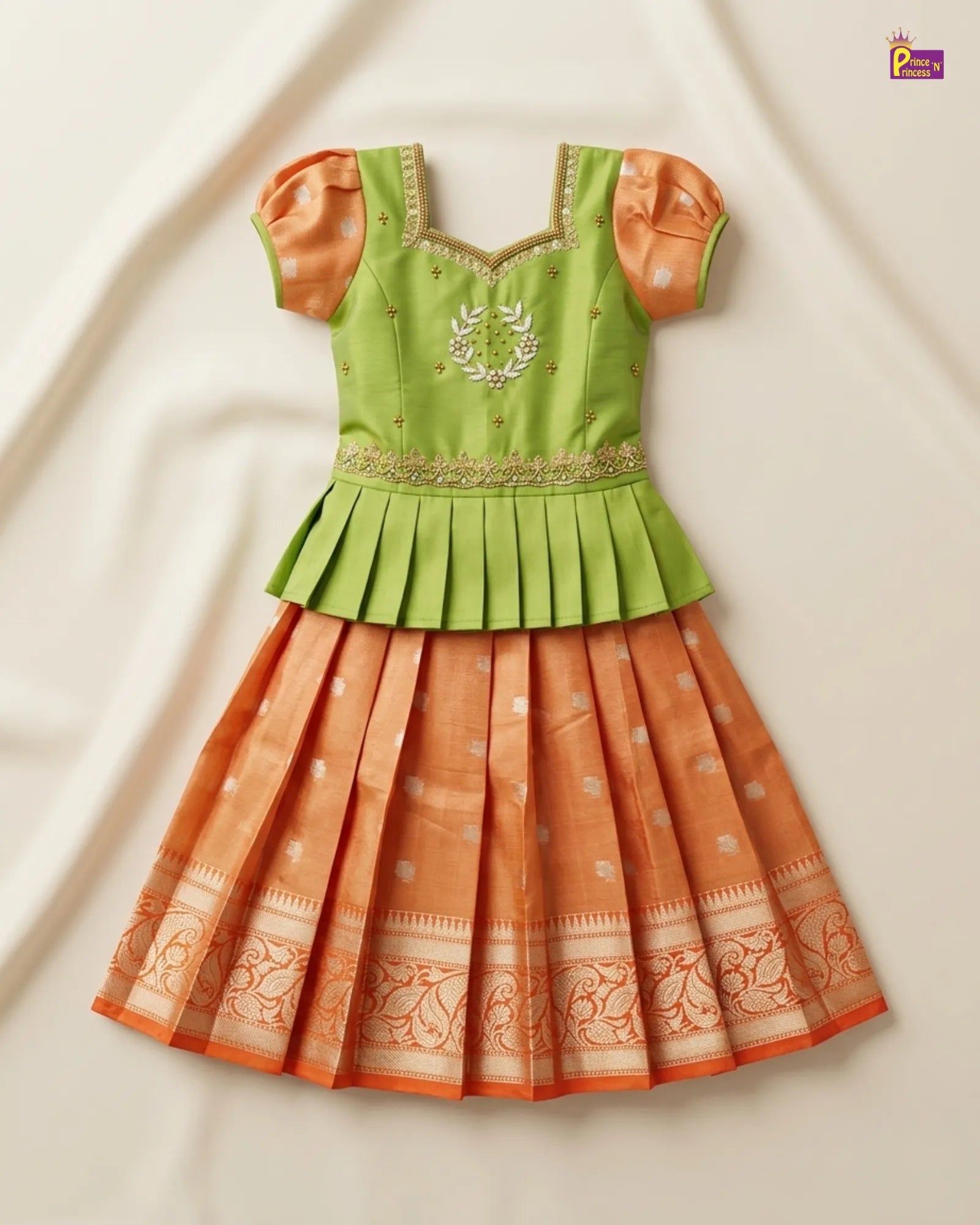 Kids AARI Work Tissue Designer Pattu Pavadai in Green with Orange PPP1319 for kids festival wear
