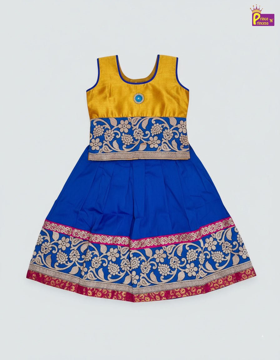 Kids Aari Work Traditional Pattu Pavadai in Yellow with Pepsi Blue PPP2002 - Prince N Princess