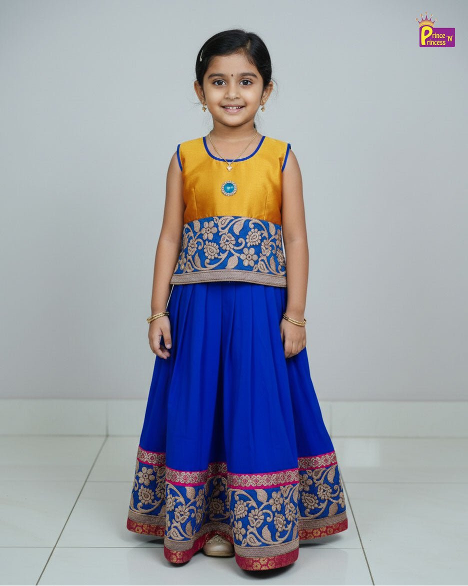 Kids Aari Work Traditional Pattu Pavadai in Yellow with Pepsi Blue PPP2002 - Prince N Princess
