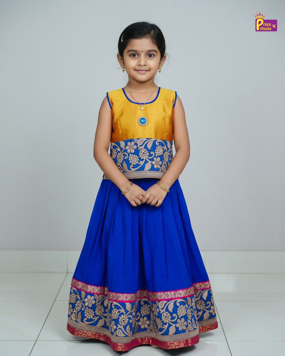 Kids Aari Work Traditional Pattu Pavadai in Yellow with Pepsi Blue PPP2002 - Prince N Princess