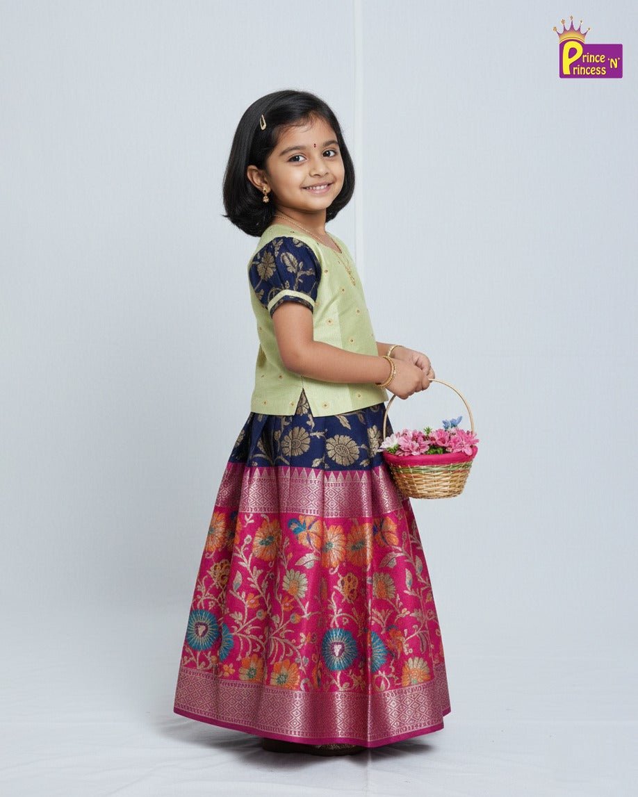 Kids Baby Pattu Pavadai in Green with Navy PPP1389 - Prince N Princess