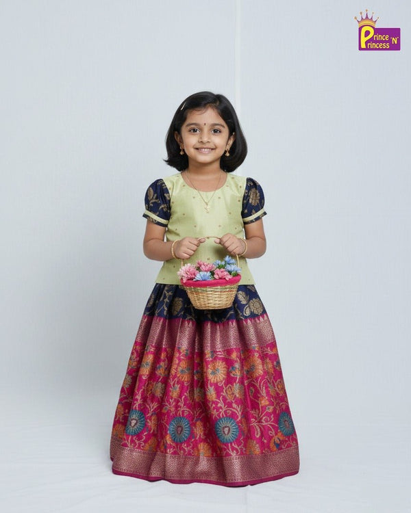 Kids Baby Pattu Pavadai in Green with Navy PPP1389 - Prince N Princess