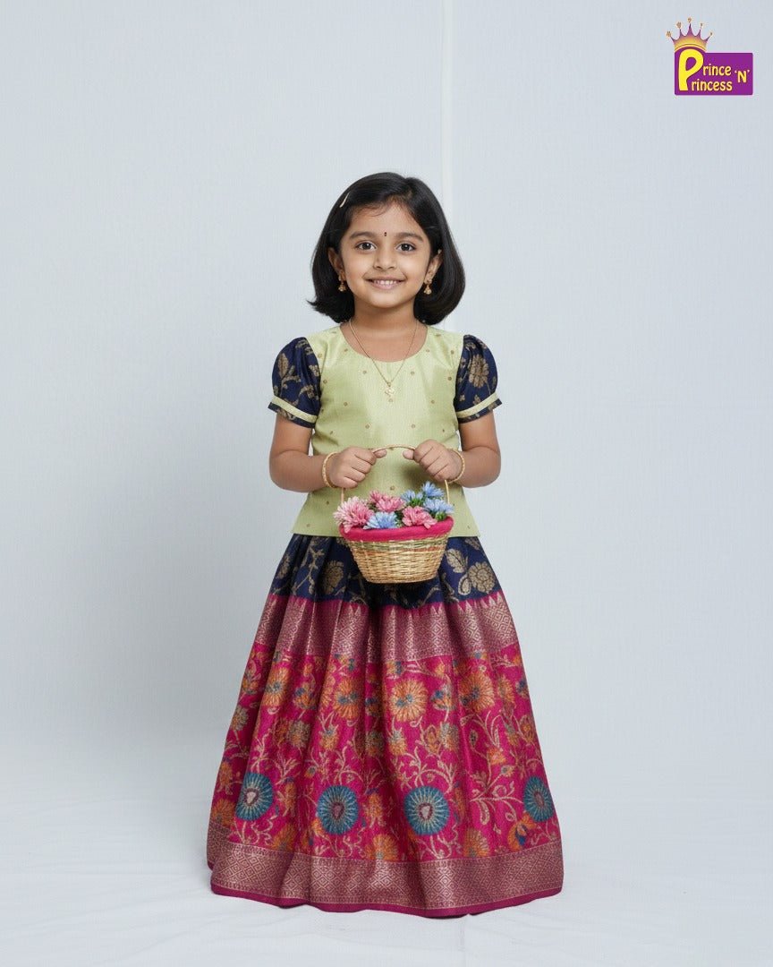Kids Baby Pattu Pavadai in Green with Navy PPP1389 - Prince N Princess