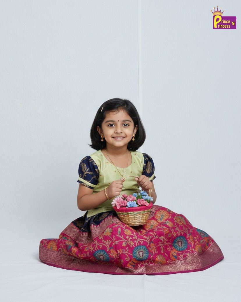 Kids Baby Pattu Pavadai in Green with Navy PPP1389 - Prince N Princess