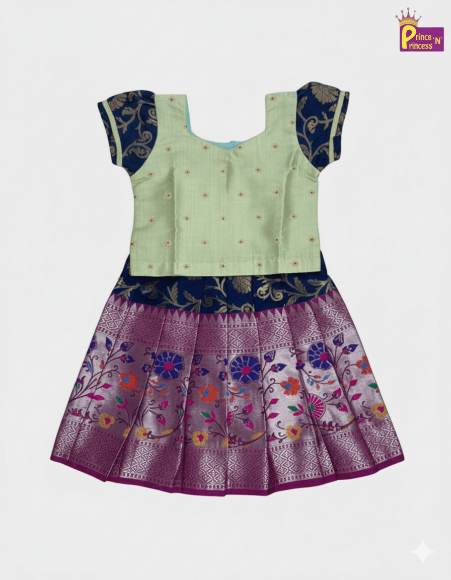 Kids Baby Pattu Pavadai in Green with Navy PPP1389 - Prince N Princess