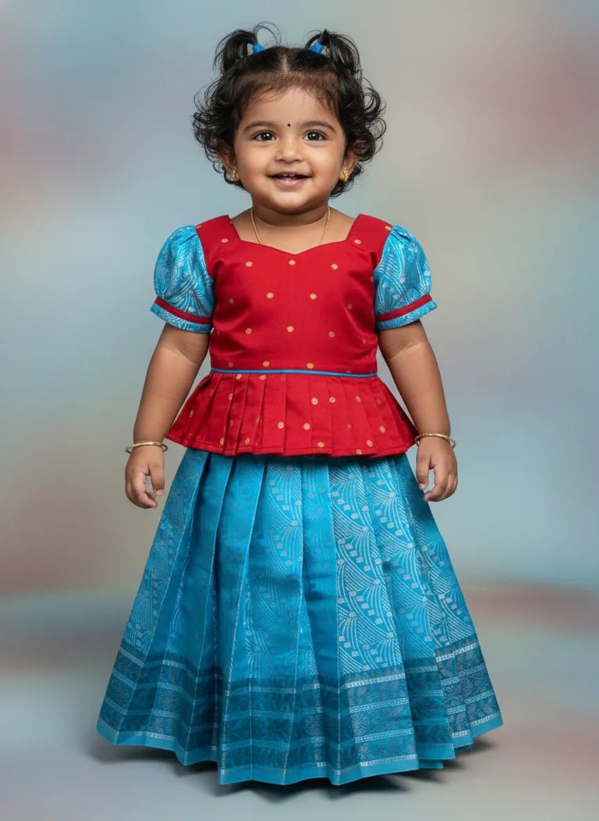 Kids Baby Pattu Pavadai Red with Ice Blue PPP1420 - Prince N Princess