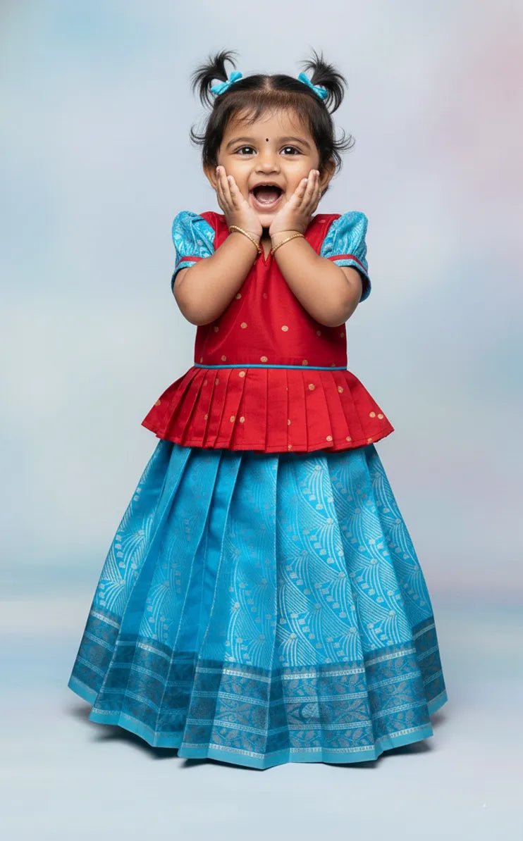 Kids Baby Pattu Pavadai Red with Ice Blue PPP1420 - Prince N Princess