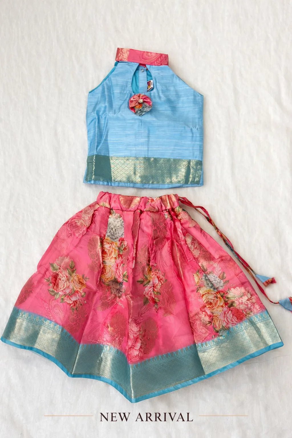 Kids Banarasi Digital Print Pattu pavadai Blue with Pink PPP1807 - Prince N Princess