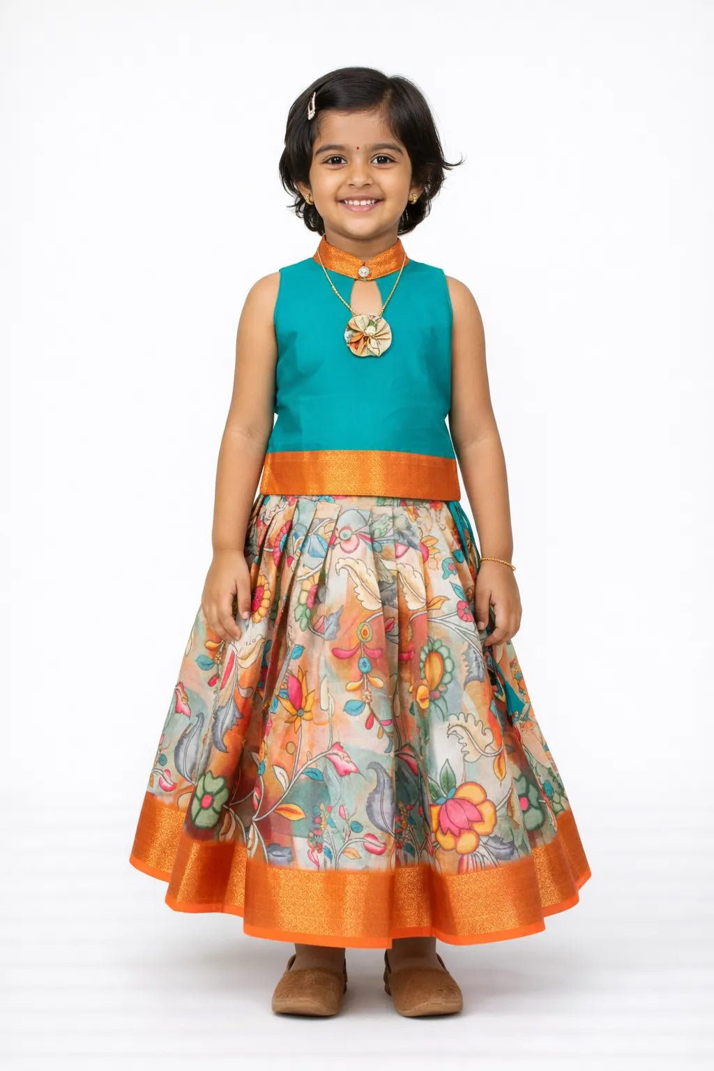 Kids Banarasi Digital Print Pattu pavadai Rama Green with Half White PPP1741 - Prince N Princess