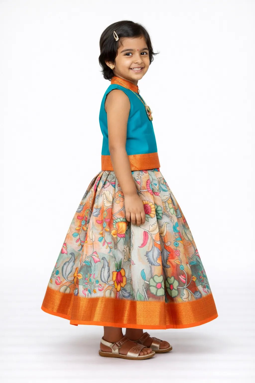 Kids Banarasi Digital Print Pattu pavadai Rama Green with Half White PPP1741 - Prince N Princess