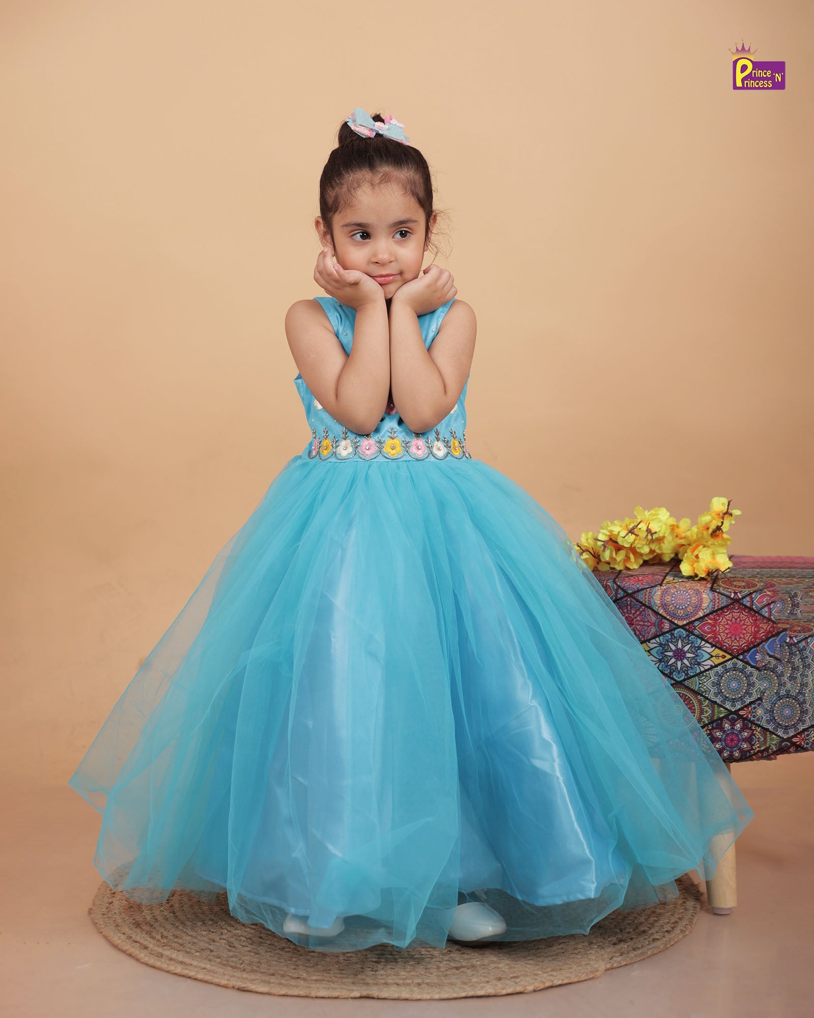 Kids Blue Aari work Prince N Princess Birthday Gown WGF035 - Prince N Princess