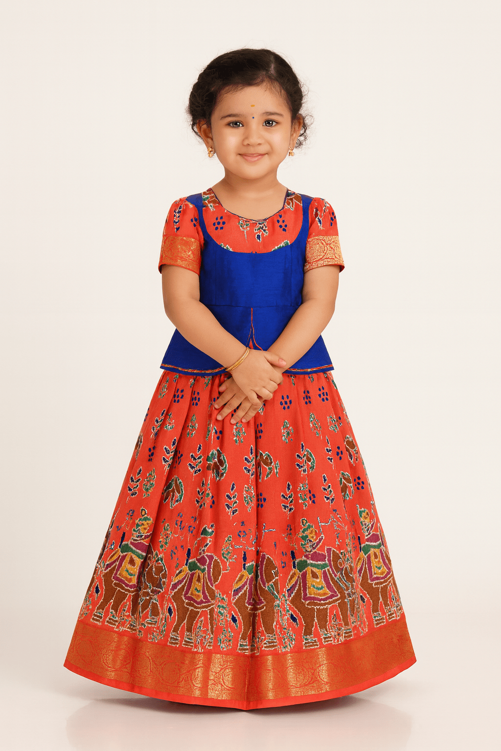 Kids Blue And Lite Orange Designer Pattu Pavadai PPP1370 - Prince N Princess