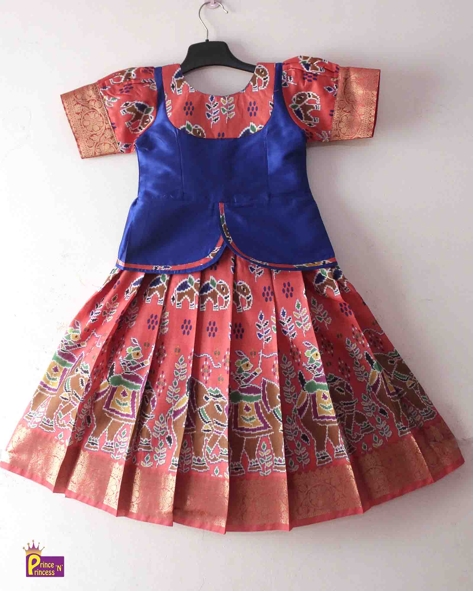 Kids Blue And Lite Orange Designer Pattu Pavadai PPP1370 - Prince N Princess