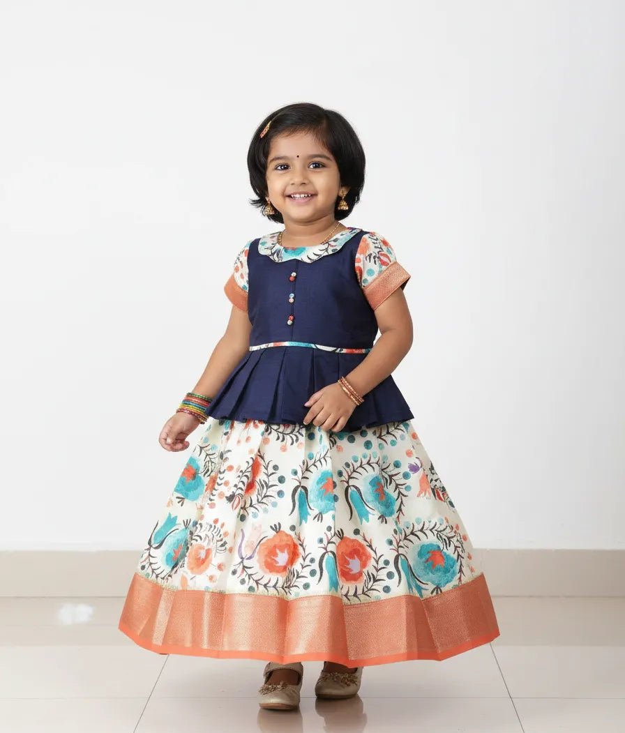 Kids Blue and Orange Traditional Pattu Pavadai PPP1374 - Prince N Princess