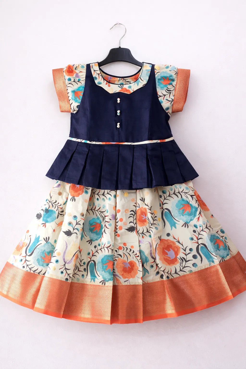 Kids Blue and Orange Traditional Pattu Pavadai PPP1374 - Prince N Princess