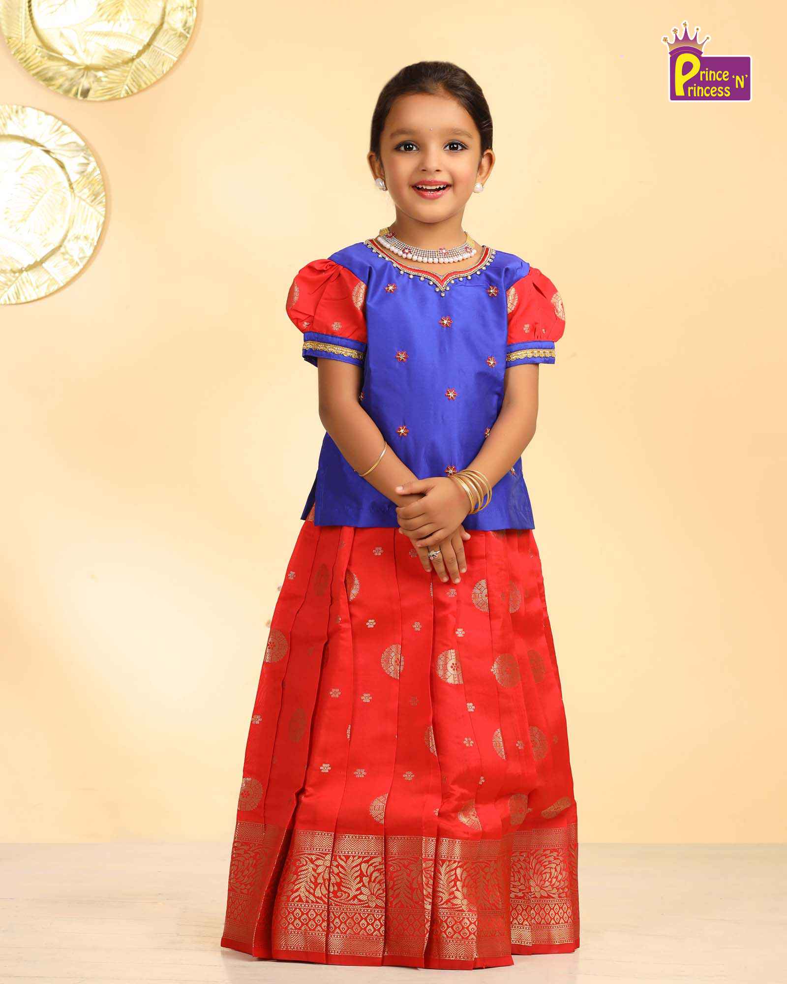 Kids Blue And Red Grand Aari Work Pattu Pavadai PPP1090 - Prince N Princess