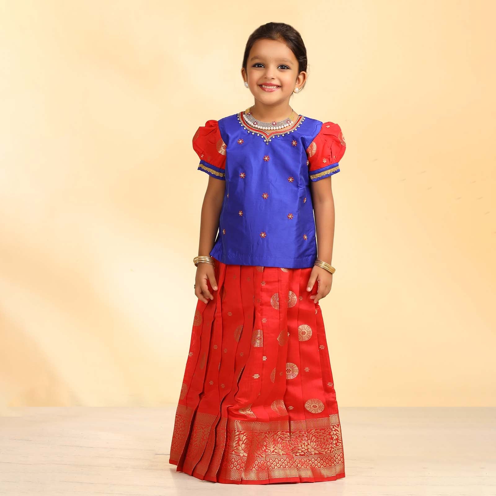 Kids Blue And Red Grand Aari Work Pattu Pavadai PPP1090 - Prince N Princess