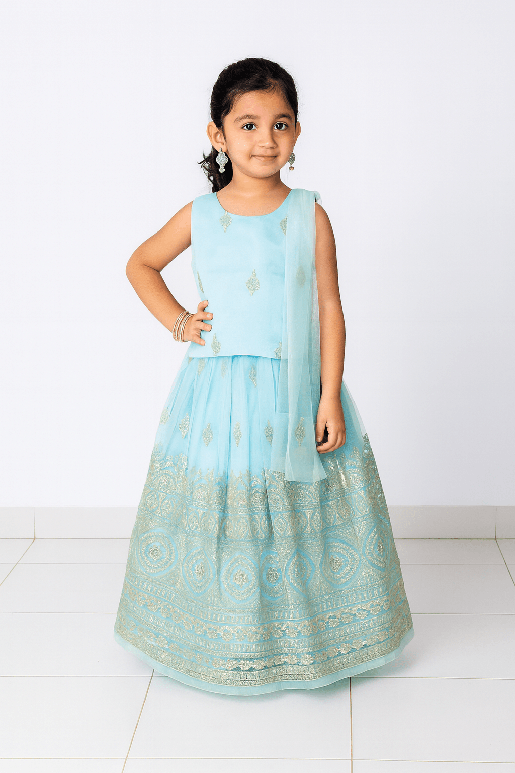 Kids Blue and Silver Embroidery net Lehenga Choli LC277 for kids festival wear
