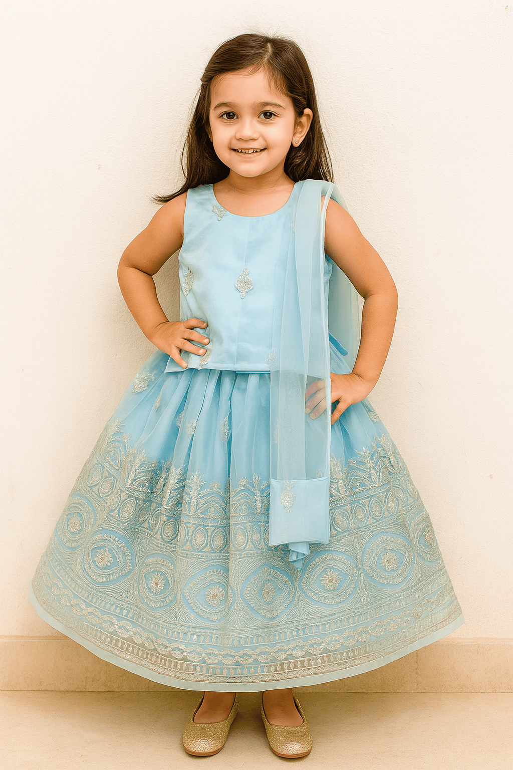 Kids Blue and Silver Embroidery net Lehenga Choli LC277 for kids festival wear